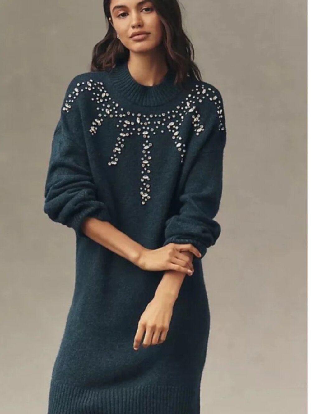 NWT Anthropologie Long-Sleeve Embellished Sweater Mini Petite Dress